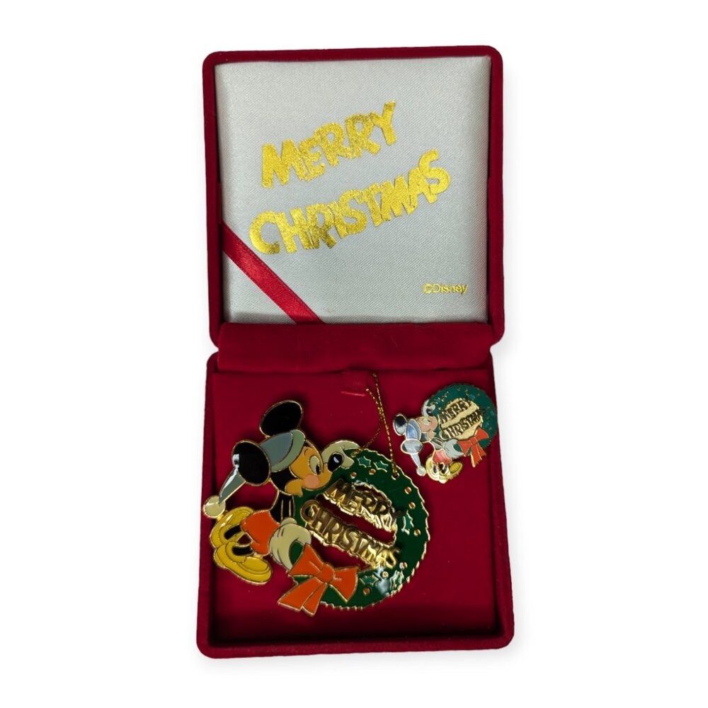 Disney Merry Christmas Mickey Mouse Ornament & Matching Pin Holiday Set